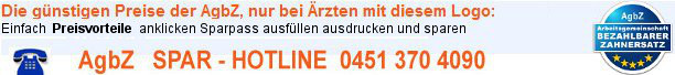 Die AgbZ-Hotline erklärt kostenlos und unverbindlich alle Möglichkeiten der Zahnbehandlung Die AgbZ-Hotline erklärt kostenlos und unverbindlich alle Möglichkeiten der Zahnbehandlung für Zahnarzt in Lübeck Sankt Lorenz Süd